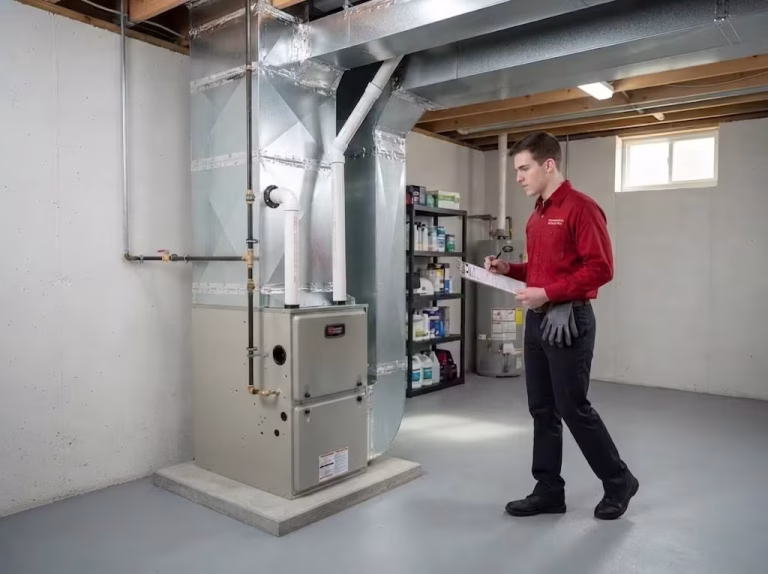 HVAC technician reviewing paperwork next to a fully installed new furnace and ductwork system in a basement.