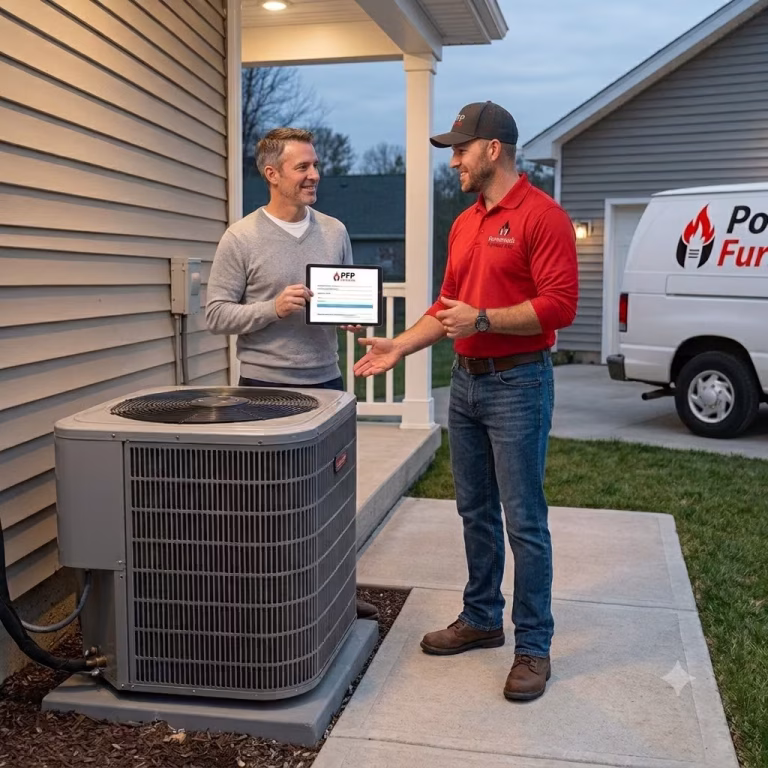 Portsmouth Furnace Pros HVAC technician in a red uniform showing a service report on a tablet to a male homeowner next to a residential outdoor air conditioner unit and company van.